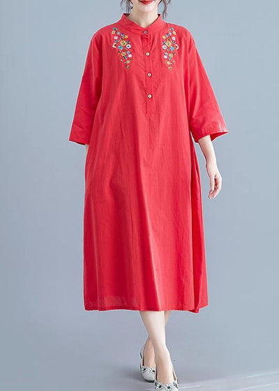 Elegant stand collar pockets cotton tunics for women Work Outfits red embroidery Maxi Dresses summer - bagstylebliss