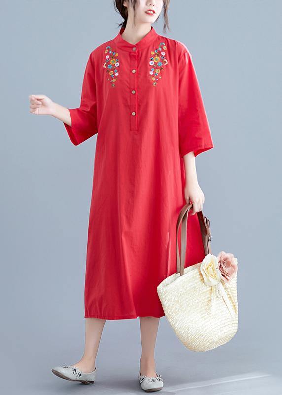 Elegant stand collar pockets cotton tunics for women Work Outfits red embroidery Maxi Dresses summer - bagstylebliss