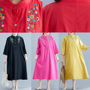 Elegant stand collar pockets cotton tunics for women Work Outfits red embroidery Maxi Dresses summer - bagstylebliss