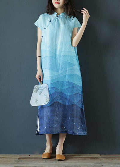 Elegant stand collar side open linen clothes Photography blue print Dresses - bagstylebliss