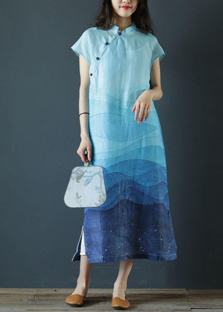 Elegant stand collar side open linen clothes Photography blue print Dresses - bagstylebliss