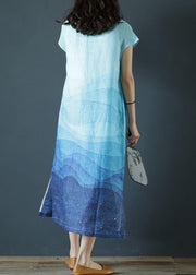 Elegant stand collar side open linen clothes Photography blue print Dresses - bagstylebliss