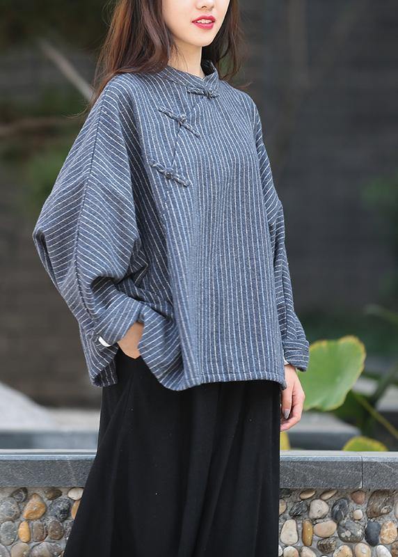 Elegant stand collar trumpet sleeves top silhouette Work Outfits navy striped shirt - bagstylebliss