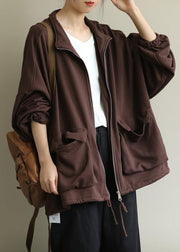 Elegant stand collar zippered Fine trench coat chocolate tunic coats - bagstylebliss