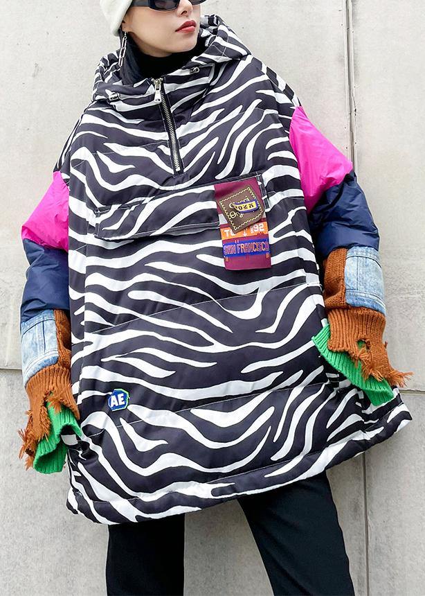 Elegant striped casual outfit oversized snow jackets hooded patchwork coats - bagstylebliss