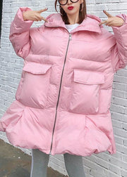 Elegant trendy plus size Jackets & Coats big pockets outwear pink thick hooded overcoat - bagstylebliss