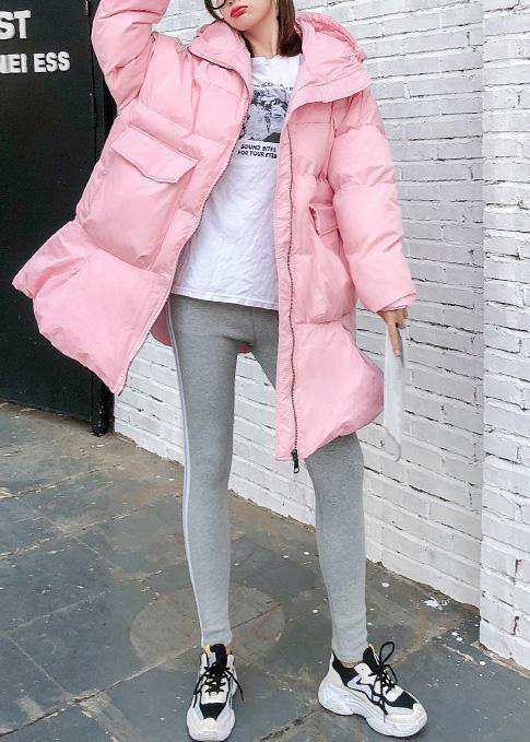 Elegant trendy plus size Jackets & Coats big pockets outwear pink thick hooded overcoat - bagstylebliss