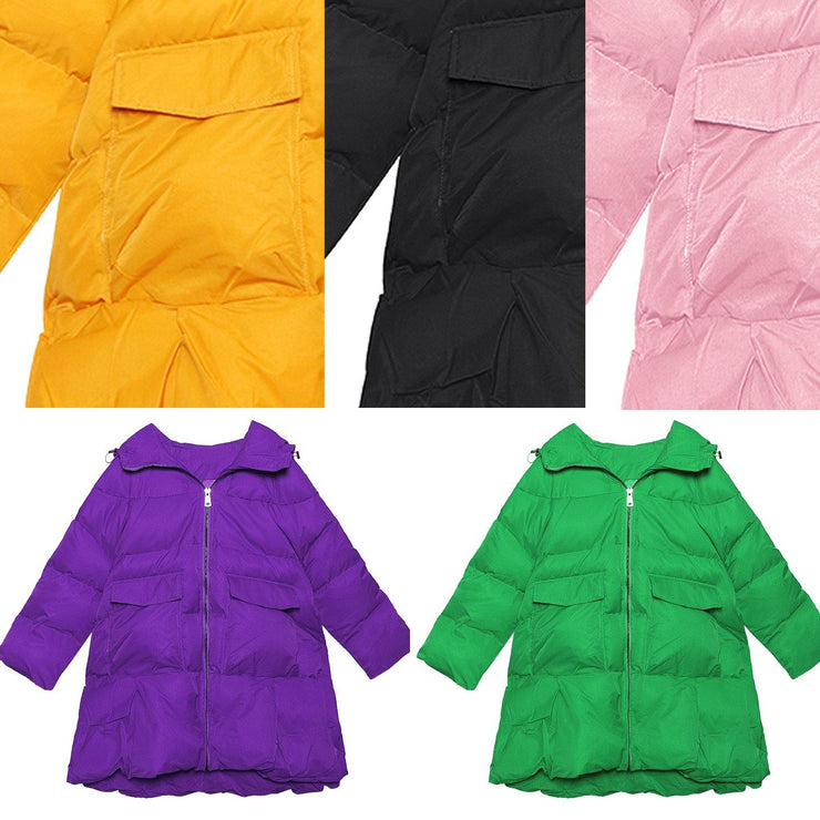 Elegant trendy plus size Jackets & Coats big pockets outwear pink thick hooded overcoat - bagstylebliss