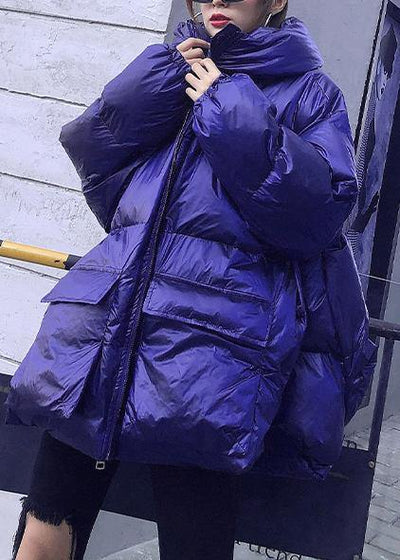 Elegant trendy plus size Jackets & Coats blue hooded pockets women parka - bagstylebliss