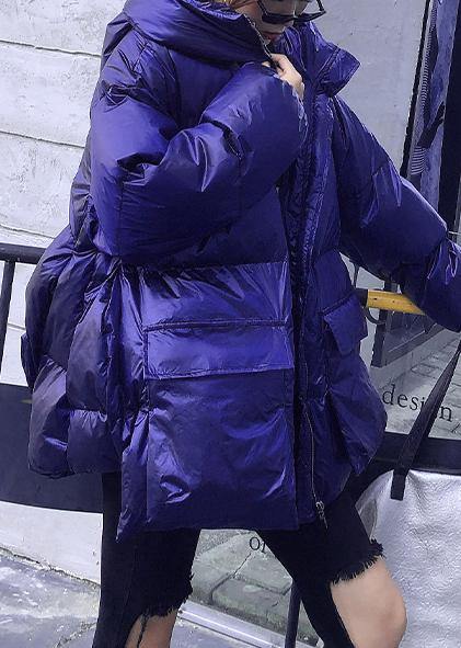 Elegant trendy plus size Jackets & Coats blue hooded pockets women parka - bagstylebliss