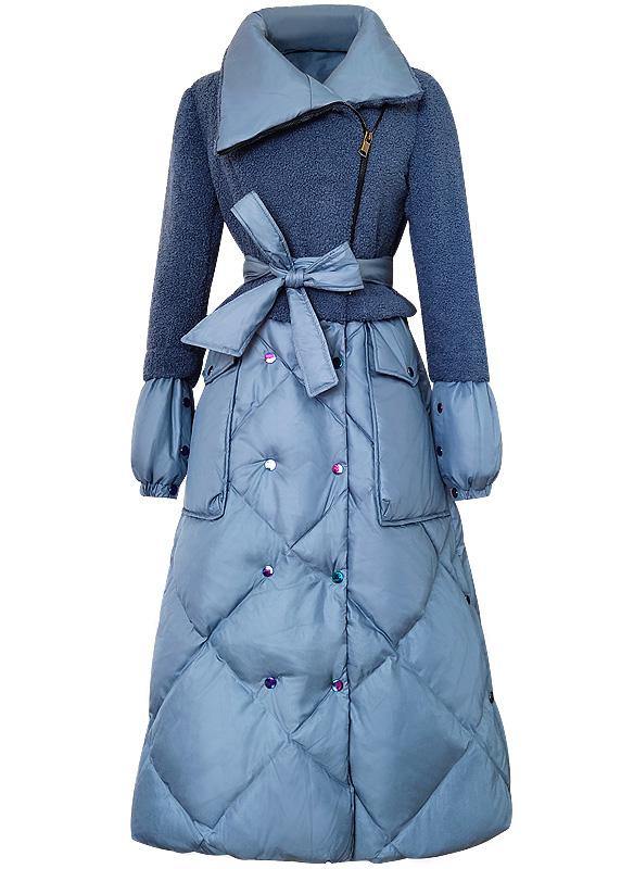 Elegant trendy plus size down jacket patchwork winter outwear blue tie waist warm winter coat - bagstylebliss