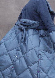 Elegant trendy plus size down jacket patchwork winter outwear blue tie waist warm winter coat - bagstylebliss