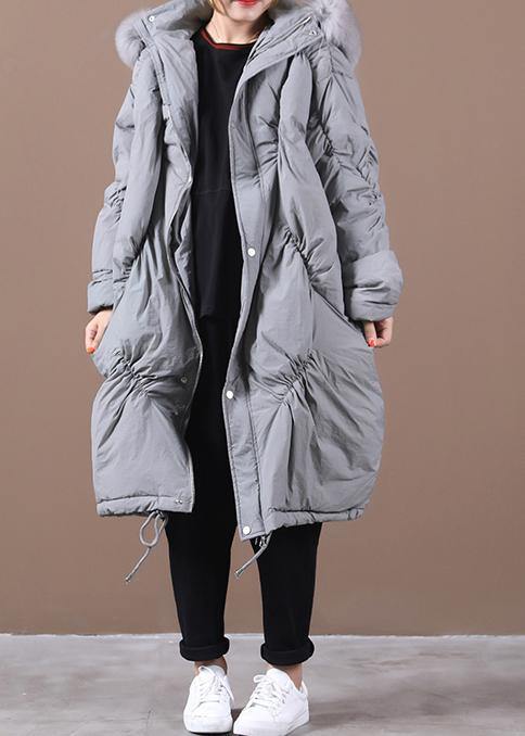 Elegant trendy plus size snow jackets Winter gray hooded Cinched goose Down coat - bagstylebliss