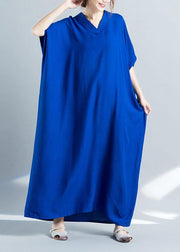 Elegant v neck baggy cotton summer clothes Women pattern blue loose Dress - bagstylebliss