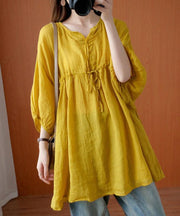 Elegant v neck drawstring blouses for women Sewing yellow top - bagstylebliss