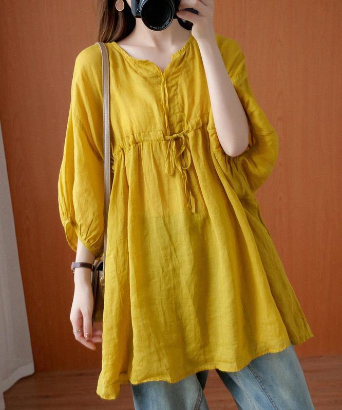 Elegant v neck drawstring blouses for women Sewing yellow top - bagstylebliss