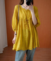 Elegant v neck drawstring blouses for women Sewing yellow top - bagstylebliss
