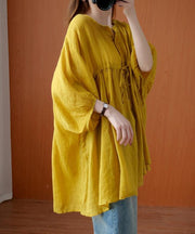 Elegant v neck drawstring blouses for women Sewing yellow top - bagstylebliss