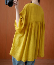 Elegant v neck drawstring blouses for women Sewing yellow top - bagstylebliss