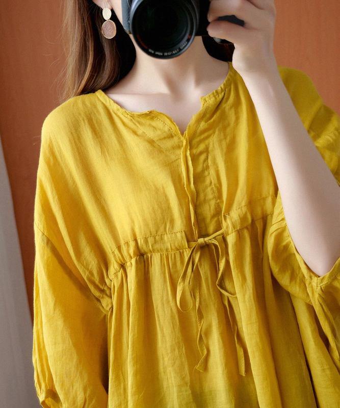 Elegant v neck drawstring blouses for women Sewing yellow top - bagstylebliss