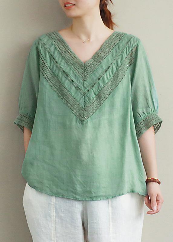 Elegant v neck half sleeve linen tunic top Photography green hollow out tops - bagstylebliss