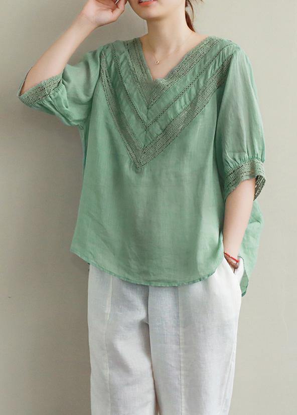 Elegant v neck half sleeve linen tunic top Photography green hollow out tops - bagstylebliss