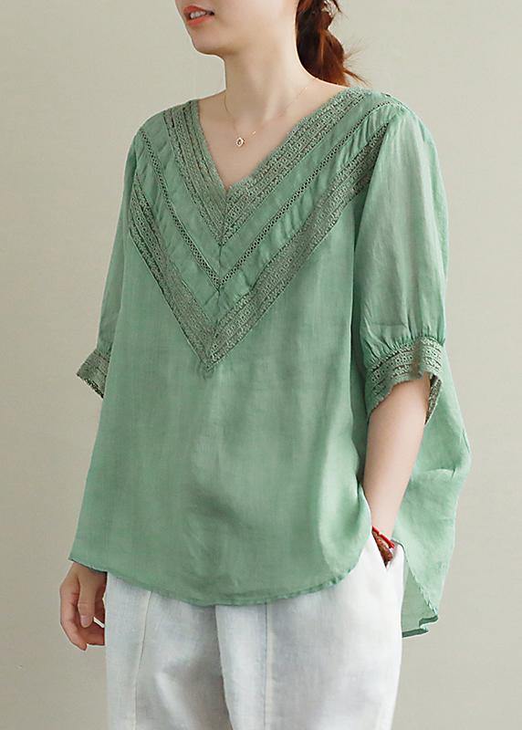 Elegant v neck half sleeve linen tunic top Photography green hollow out tops - bagstylebliss