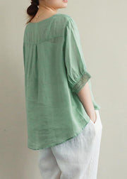 Elegant v neck half sleeve linen tunic top Photography green hollow out tops - bagstylebliss