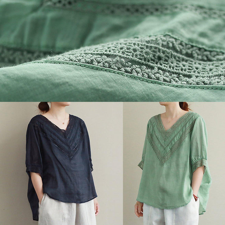 Elegant v neck half sleeve linen tunic top Photography green hollow out tops - bagstylebliss