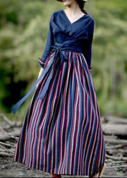Elegant v neck patchwork striped spring quilting dresses Catwalk navy Dress - bagstylebliss