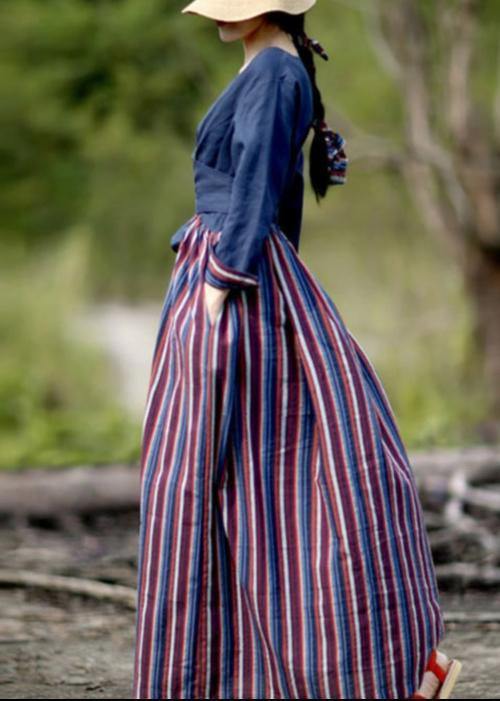 Elegant v neck patchwork striped spring quilting dresses Catwalk navy Dress - bagstylebliss