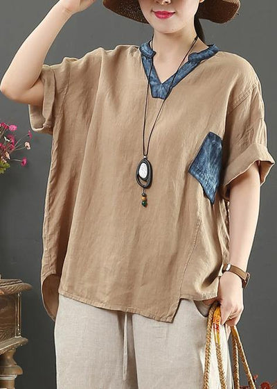 Elegant v neck pockets linen shirts women Cotton khaki blouses - bagstylebliss