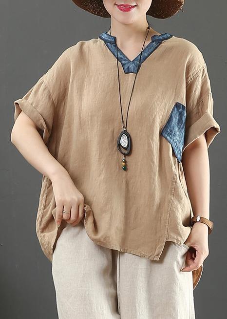 Elegant v neck pockets linen shirts women Cotton khaki blouses - bagstylebliss