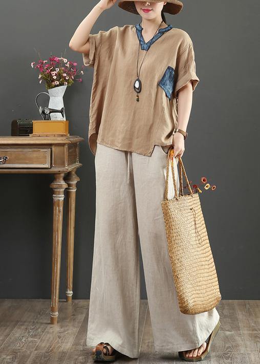 Elegant v neck pockets linen shirts women Cotton khaki blouses - bagstylebliss