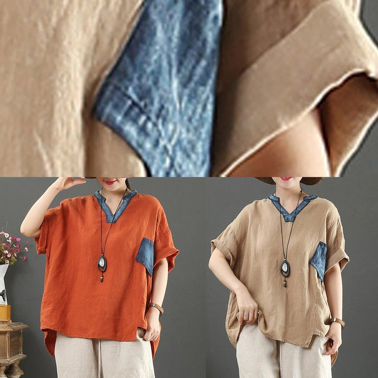 Elegant v neck pockets linen shirts women Cotton khaki blouses - bagstylebliss