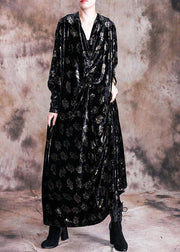 Elegant v neck velour Tunic Work Outfits black prints long Dresses fall - bagstylebliss