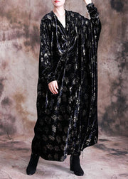 Elegant v neck velour Tunic Work Outfits black prints long Dresses fall - bagstylebliss