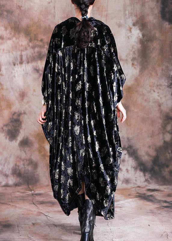 Elegant v neck velour Tunic Work Outfits black prints long Dresses fall - bagstylebliss