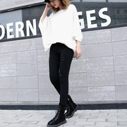 Elegant white Midi cotton pullover Loose fitting cotton t shirt casual batwing sleeve loose waist cotton clothing