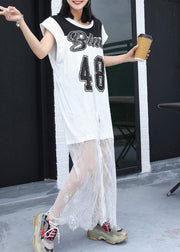 Elegant white alphabet prints Cotton Tunic patchwork lace tunic summer Dresses - bagstylebliss