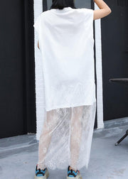 Elegant white alphabet prints Cotton Tunic patchwork lace tunic summer Dresses - bagstylebliss