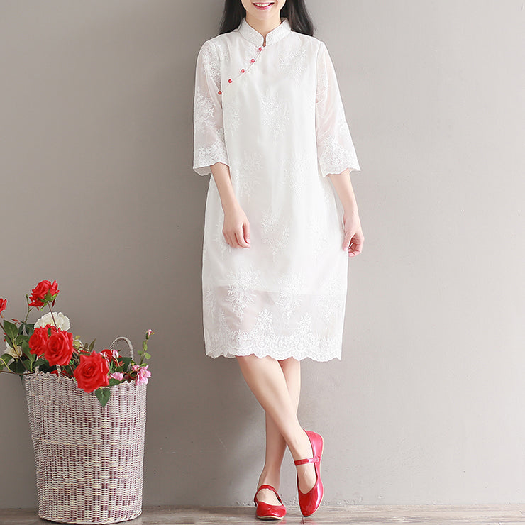 Elegant white chiffon dress Stand Half sleeve party dress patchwork embroidery beach dress