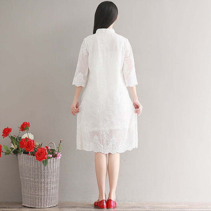 Elegant white chiffon dress Stand Half sleeve party dress patchwork embroidery beach dress