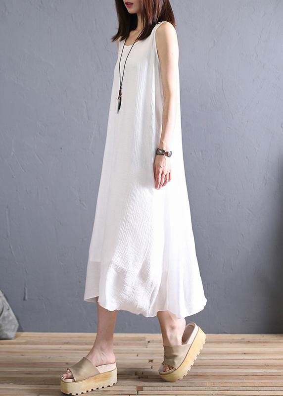 Elegant white cotton clothes o neck sleeveless Art summer Dresses - bagstylebliss