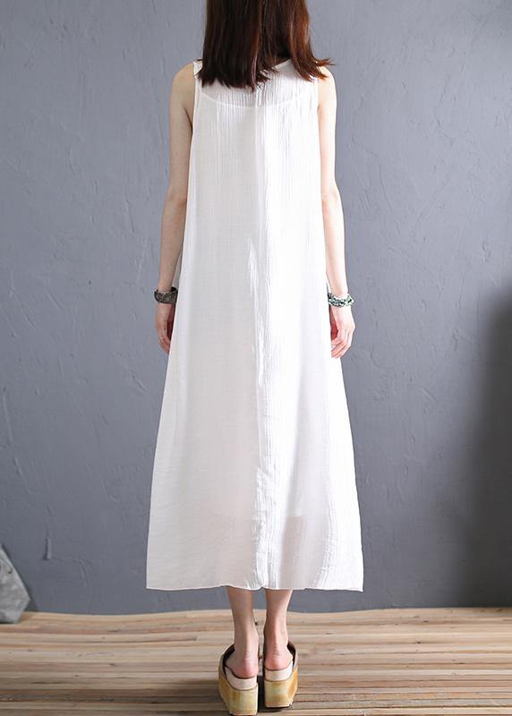 Elegant white cotton clothes o neck sleeveless Art summer Dresses - bagstylebliss