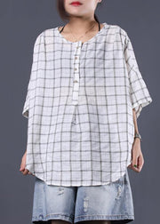 Elegant white plaid linen Tunic Cotton o neck summer shirt - bagstylebliss