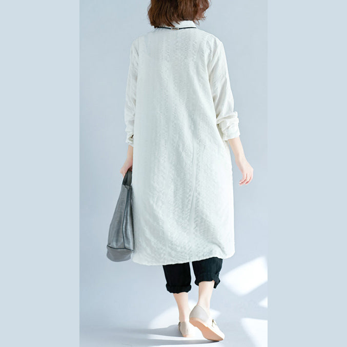 Elegant white pure cotton shirt dresses plus size cotton dresses New long sleeve Turn-down Collar pockets cotton shirt dress