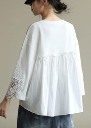 Elegant white tunics for women o neck patchwork tunic shirts - bagstylebliss