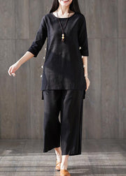 Elegant wide leg pants two pieces cotton clothes Women Boho Catwalk black o neck Chinese Button tops - bagstylebliss