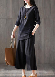 Elegant wide leg pants two pieces cotton clothes Women Boho Catwalk black o neck Chinese Button tops - bagstylebliss